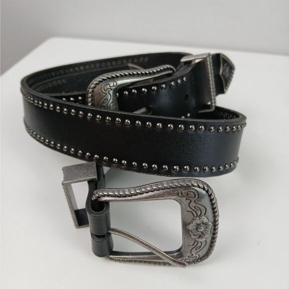American Eagle SZ XS/S Leather Black & Antique Silver Double Buckle Belt NEW - Picture 4 of 6